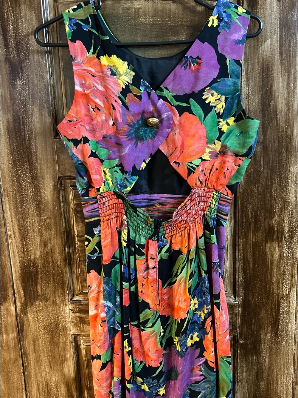 Floral Sleeveless Sheath Dress in Black with Multicolor Blooms Knee Length S 5/6 - Picture 2 of 7